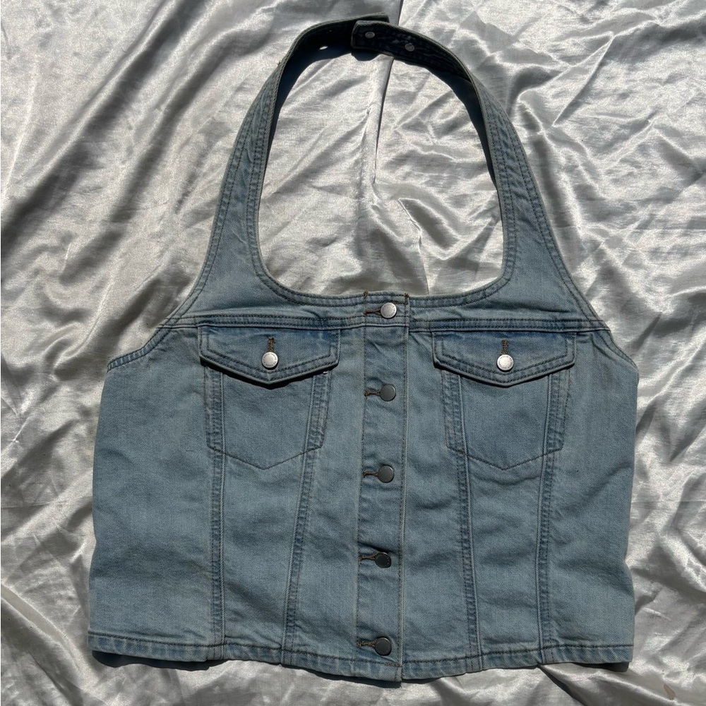 Vintage Threads Backless Denim Light-wash Halter Corset Top
